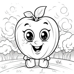 Kids coloring page with a friendly apple character