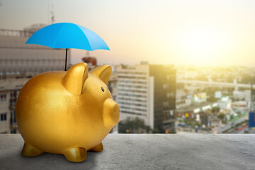 Piggy bank with small blue umbrellas above them