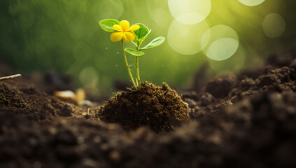 A large yellow flower growing out of dirt and green background, in the style of conceptual, lush...