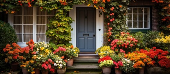 House front door with ivy and chrysanthemums.