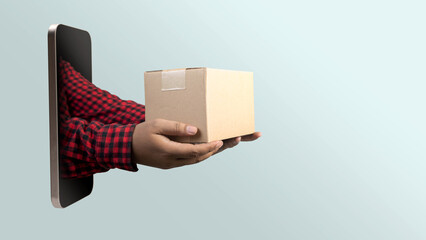 Human hand coming out from mobile phone screen for packet delivery