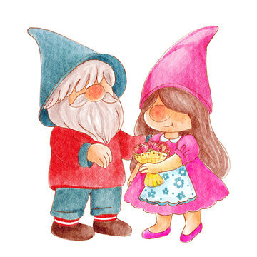 Couple gnome with valentines day costume is embracing . Watercolor painting design . PNG .