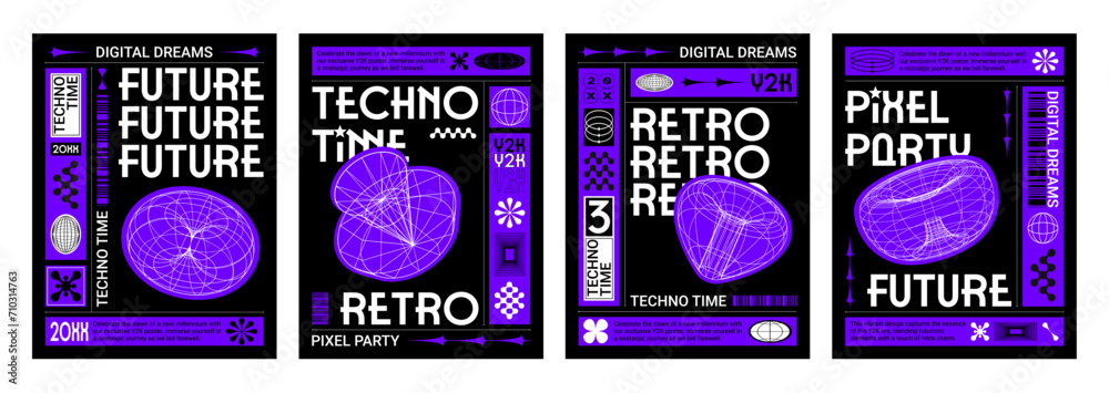 Poster poster design layout in y2k techno style with grid abstract simple elements and text box. vector set