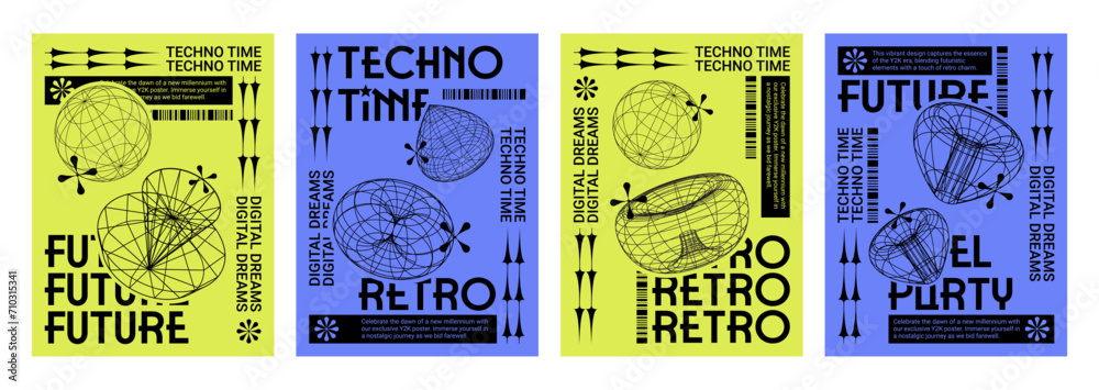 Poster poster design layout in y2k techno style with grid abstract simple elements and text box. vector set