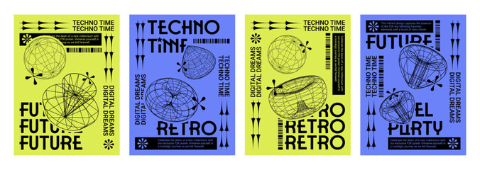 Poster design layout in y2k techno style with grid abstract simple elements and text box. Vector set of trendy retro minimal banner template in 2000s aesthetic with wireframe geometric shapes.