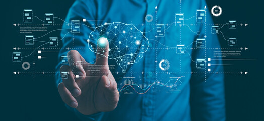 Big data technology and AI data science. Data scientist querying, analysing and visualizing complex...
