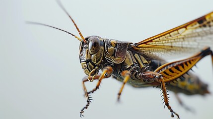 Close-Up of Grasshopper Mid-Jump Against White
