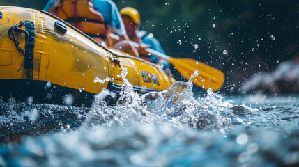 Naklejka premium Close-up of rafters paddling through a swift river. Spray and droplets in vivid detail. Action-packed and thrilling river adventure
