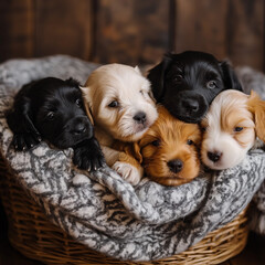 Cute puppies in a basket with a cozy blanket, Indoor home environment, variety of breeds showing different fur patterns 