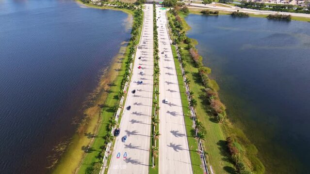 An incredible drone shot of downtown West Palm Beach flying down Okeechobee Blvd.