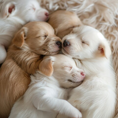 Puppies sleeping together in a pile, peaceful and serene setting