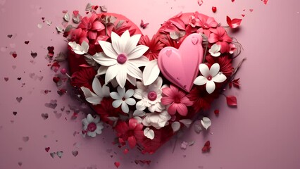 Heart made of flowers and hearts on a pink background suitable for Valentines Day cards, wedding invitations, and romantic designs.