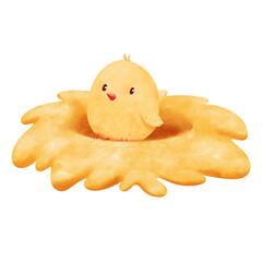 watercolor scene showcases a nest with a cute chick nestled in straw on the farm. cartoon style, illustration for creative applications, children's books farm-themed designs educational materials