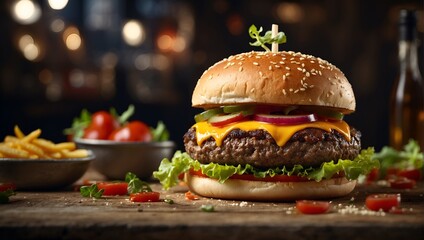 delicious hamburger on a wooden plate and tomatoes as a background. food photograph theme burger