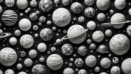 doodle style collection sketches of planets bring out the charm of outer space in a black and white  - obrazy, fototapety, plakaty