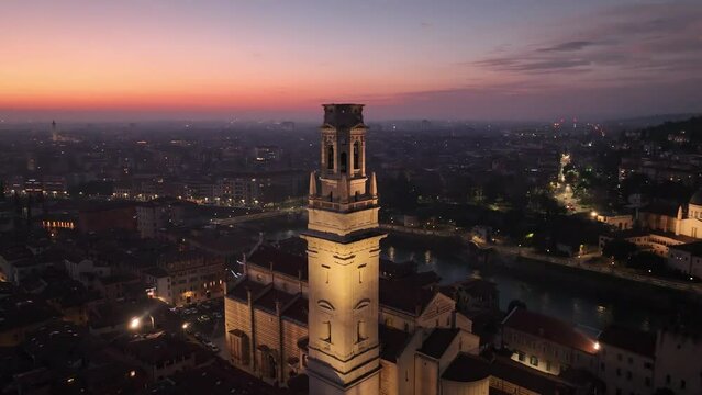 Aerial Pullback Drone shot of Verona Main's Cathedral at Sunset