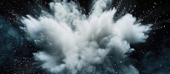 Unusual white powder explosion against dark backdrop with dust particles splashing.