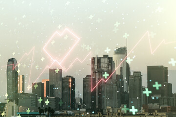 Abstract virtual concept of heart pulse illustration on Los Angeles skyline background. Medicine...