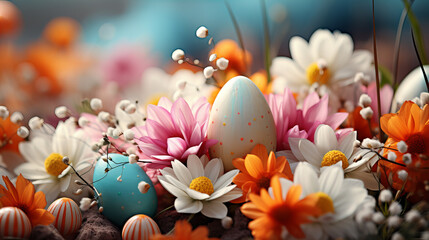 Magic Easter Landscape, eggs inside flowers, Happy Easter. Congratulatory easter background, gentle pastel colours, copy space, Spring flowers and  easter egg with pastel background, celebration