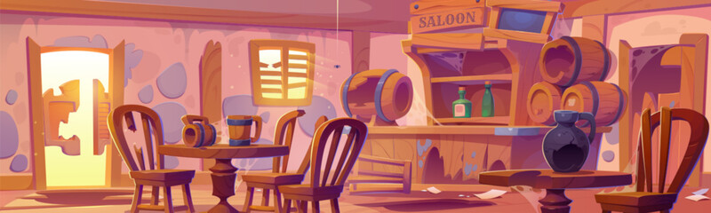 Western tavern destroyed after cowboys fight. Cartoon abandoned messy saloon interior with broken entrance door and chairs, shattered wooden barrels and crushed glass bottles, cobweb and garbage.