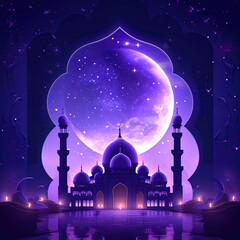 Happy Eid and Ramadan Arabic lantern with burning candle  Ramadan crescent moon, Eid Mubarak Islamic festival concept on a purple background social media banner and Eid Mubarak Post Template, Islam