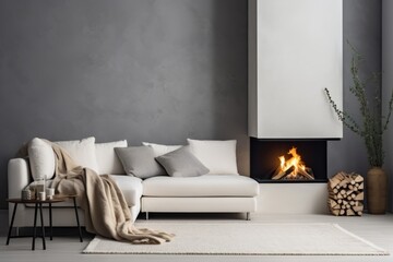 White corner sofa near fireplace. Scandinavian home interior design of modern living room - obrazy, fototapety, plakaty