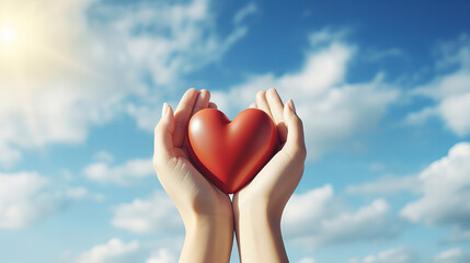 Woman hands in heart shape raising against blue sky, heart shaped cloud, copy space, freedom, Valentine day, nternational Women day, 8 March, 14 February, Easter, Mother day, copy space, banner