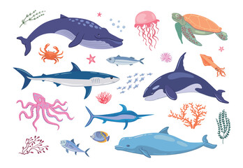 Cute sea animals dolphins octopus turtles shark