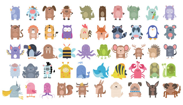 Large collection of cute animals, illustration style children's illustrations, picture book materials