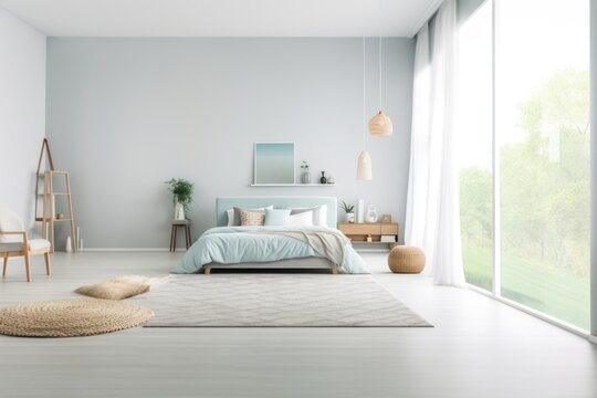 Modern bedroom interior with walls, grey floor and wooden furniture.
