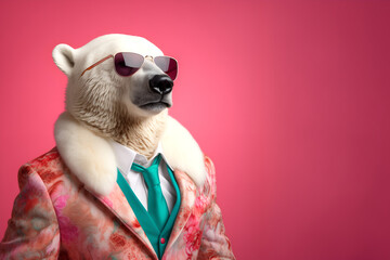 Creative animal concept. Polar Bear in glam fashionable couture high end outfits isolated on bright background advertisement, copy space. birthday party invite invitation banner	
 - obrazy, fototapety, plakaty