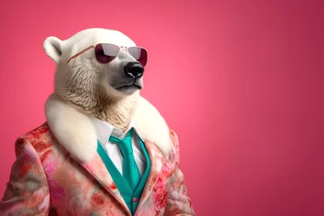 Fotobehang Creative animal concept. Polar Bear in glam fashionable couture high end outfits isolated on bright background advertisement, copy space. birthday party invite invitation banner   © Sandra Chia