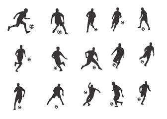 A set of football player, sports people playing football. in various poses isolated vector silhouette on white background