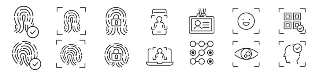 Biometric, Fingerprint, Face id, Face recognition, Identity, Eye, Motion sensor, Smart home, Lock editable stroke line icon collection Vector