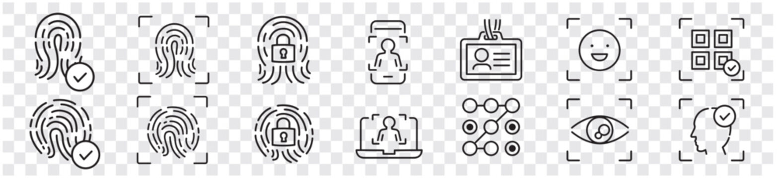Biometric, Fingerprint, Face id, Face recognition, Identity, Eye, Motion sensor, Smart home, Lock editable stroke line icon collection Vector