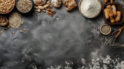 Baking ingredients on a dark background. Top view, copy space