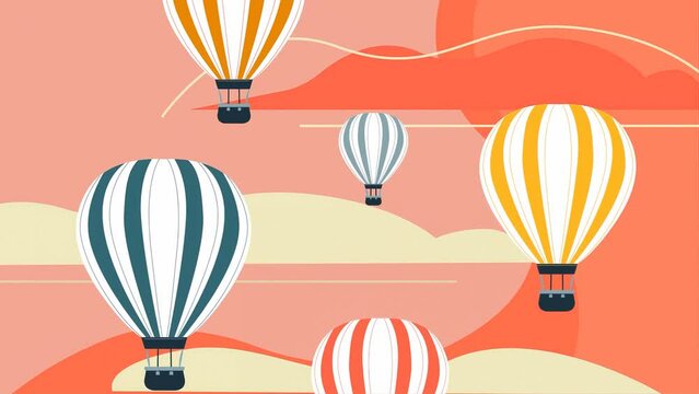 2d Rendered Scene Of Animated Parachute Balloons Going Up From The Forest Through Clouds