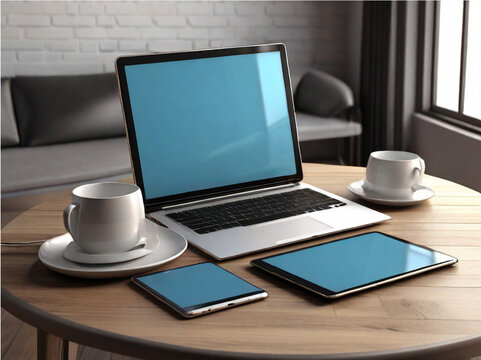 Laptop smartphone and tablet pc on the table 3d rendering