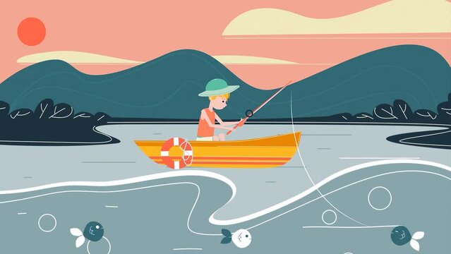 2d Rendered Scene Of Cartoon Little Boy Fishing With Fishing Pole Sitting In A Boat In Middle Of River Or Pond.