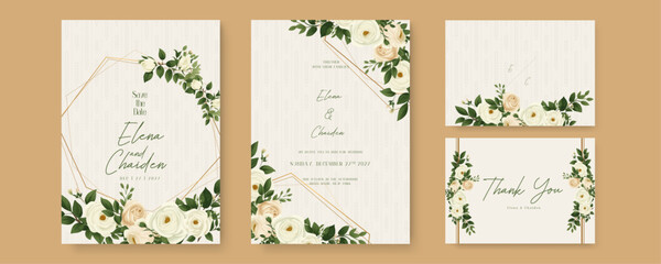 Fototapeta na wymiar White and beige rose and peony beautiful wedding invitation card template set with flowers and floral