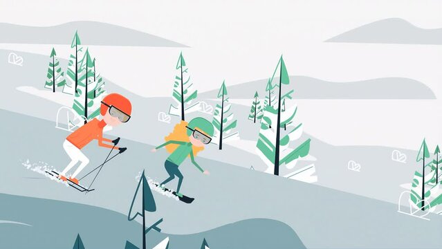 2d Rendered Scene Of Cartoon Boy And Girl Children Snowboarding With Skis Downhill.