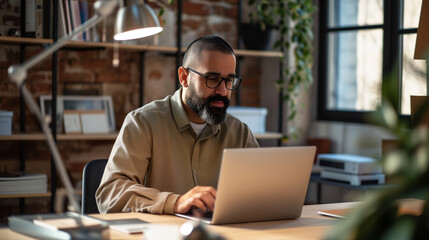 Fototapeta premium Creative entrepreneur sitting in his office wokring on a project on his laptop. Small business owner working independently.