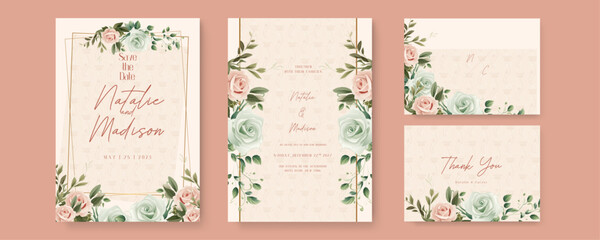 Green and beige rose elegant wedding invitation card template with watercolor floral and leaves