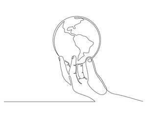 Continuous single line sketch drawing of palm hand holding earth globe save world environment. One line art of protect earth care world day vector illustration 