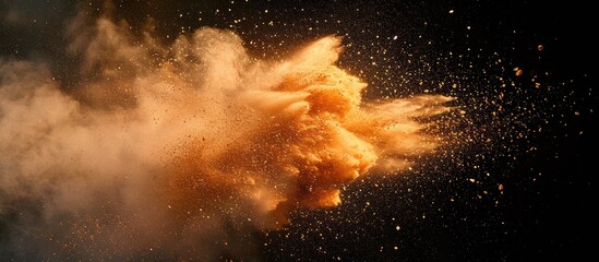 Fire particles impacting dust and debris, set against a black backdrop, create a swirling burst of powdery spray.