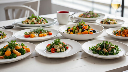 a selection of freshly prepared vegetarian dishes on a clean, white wooden table in a chic restaurant environment