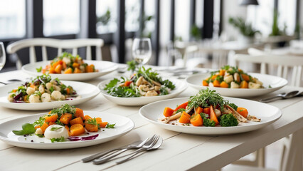 a selection of freshly prepared vegetarian dishes on a clean, white wooden table in a chic restaurant environment - obrazy, fototapety, plakaty