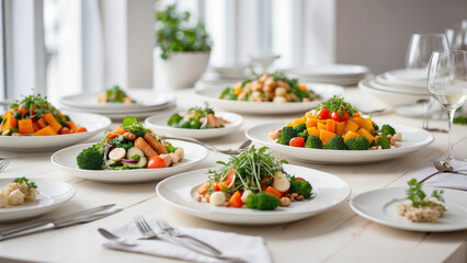 a selection of freshly prepared vegetarian dishes on a clean, white wooden table in a chic restaurant environment