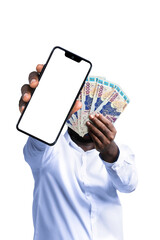 Black person holding West African CFA franc notes and pointing phone with blank screen to the...