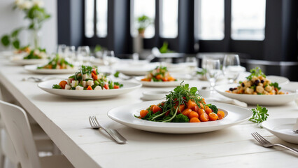 a selection of freshly prepared vegetarian dishes on a clean, white wooden table in a chic restaurant environment